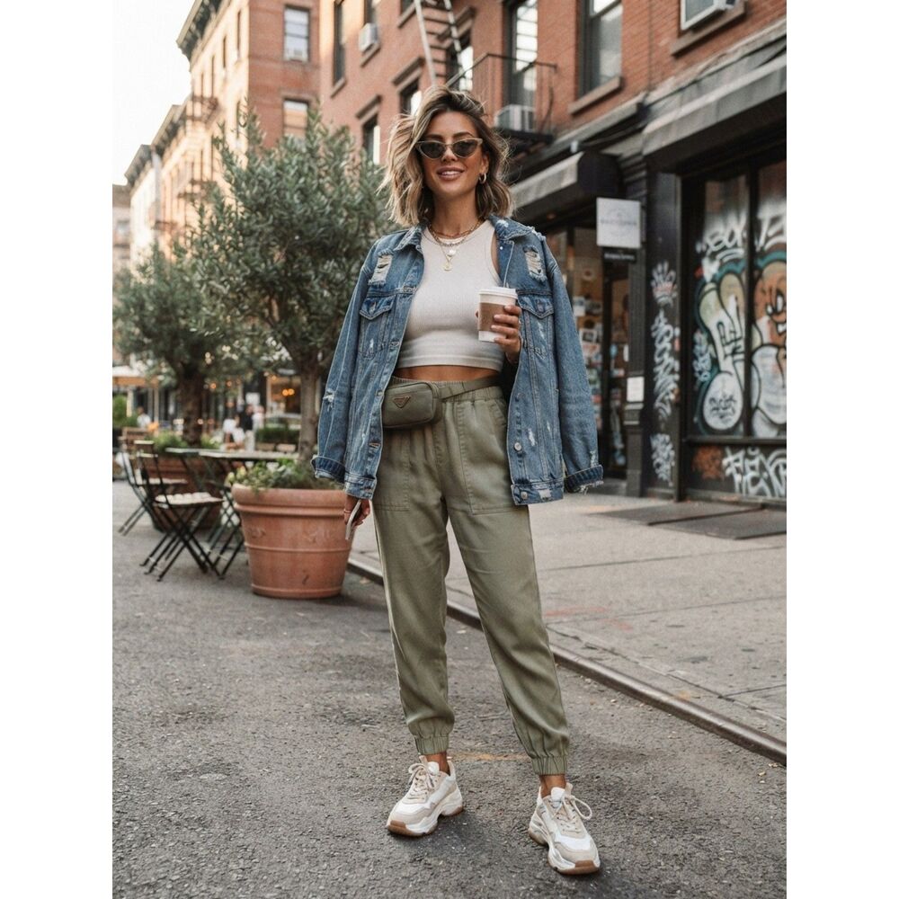 Buffalo Women's Olive Green Tencel Blend Jogger Pants Elastic Waist Size S